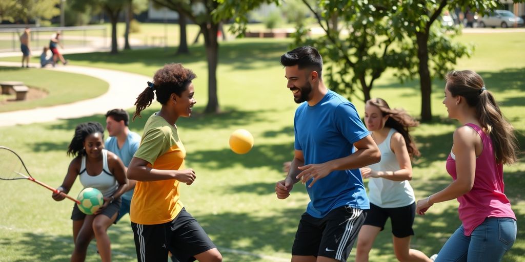 Grupo diverso praticando esportes ao ar livre.